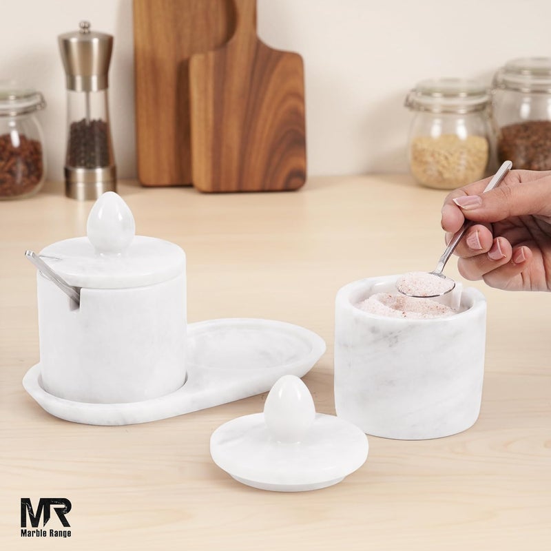 MARBLE RANGE Marble Salt Cellar with Lid and tray 4 Inch White Handmade Salt Container, Set of 2 Seasoning Jars, Spice Storage Containers for Kitchen Countertop, Sugar Bowl - Image 4